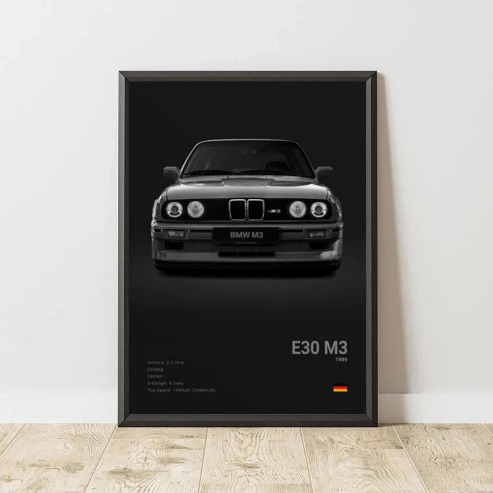 BMW M Series Canvas Wall Art – G80 M3, E30 M3 & Z8 Unframed Poster