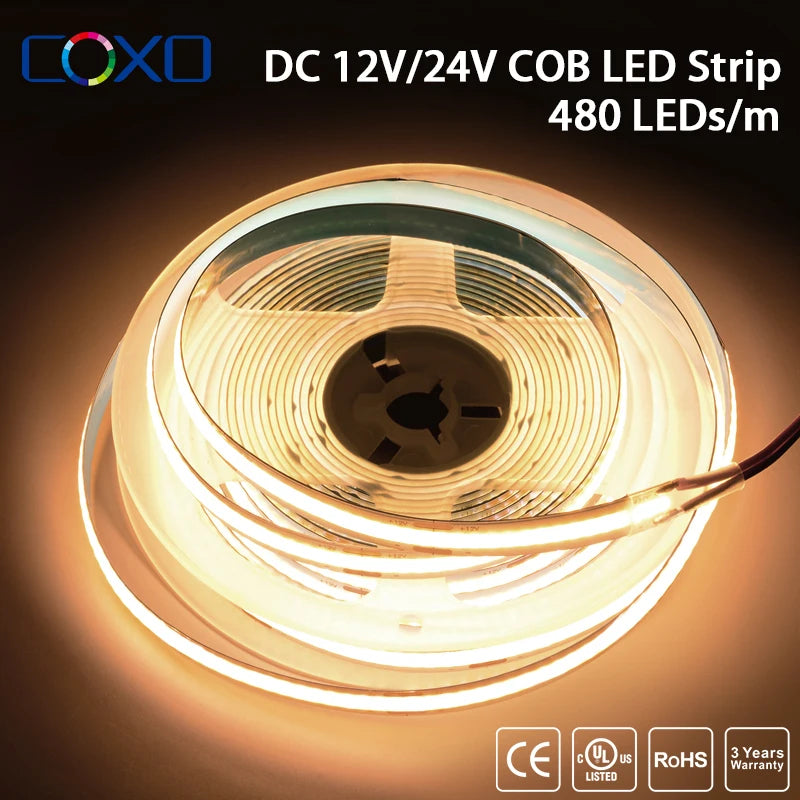 High-Density COB LED Strip Light – 16.4ft Dimmable Flexible Light with 320/480 LEDs