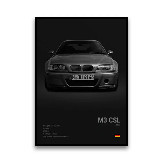BMW M Series Canvas Wall Art – G80 M3, E30 M3 & Z8 Unframed Poster