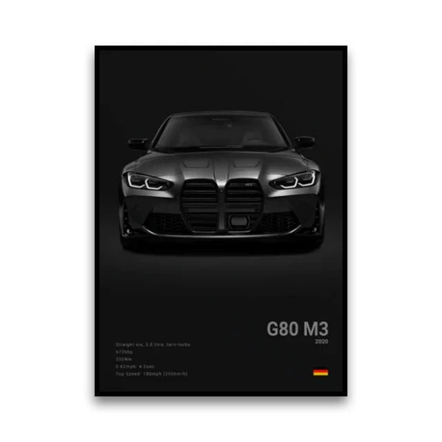 BMW M Series Canvas Wall Art – G80 M3, E30 M3 & Z8 Unframed Poster