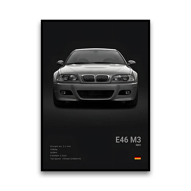 BMW M Series Canvas Wall Art – G80 M3, E30 M3 & Z8 Unframed Poster