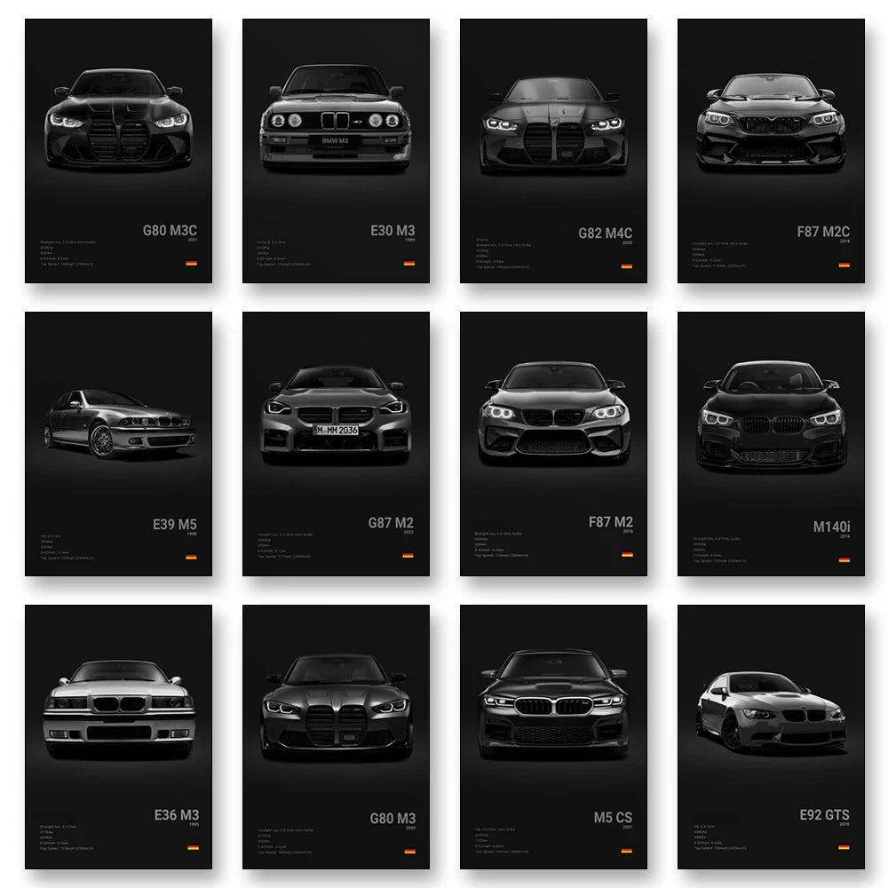 BMW M Series Canvas Wall Art – G80 M3, E30 M3 & Z8 Unframed Poster
