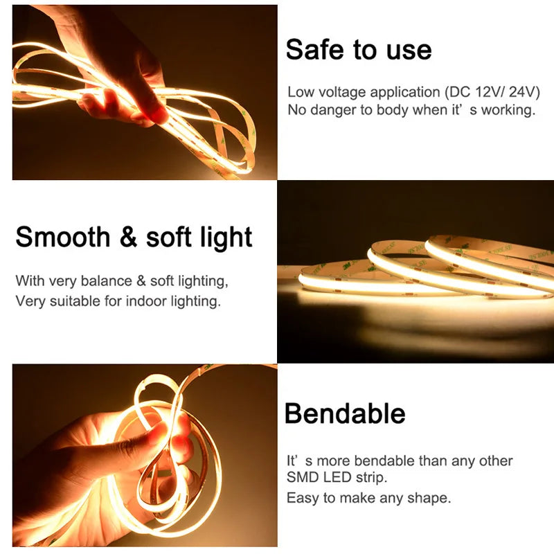 High-Density COB LED Strip Light – 16.4ft Dimmable Flexible Light with 320/480 LEDs